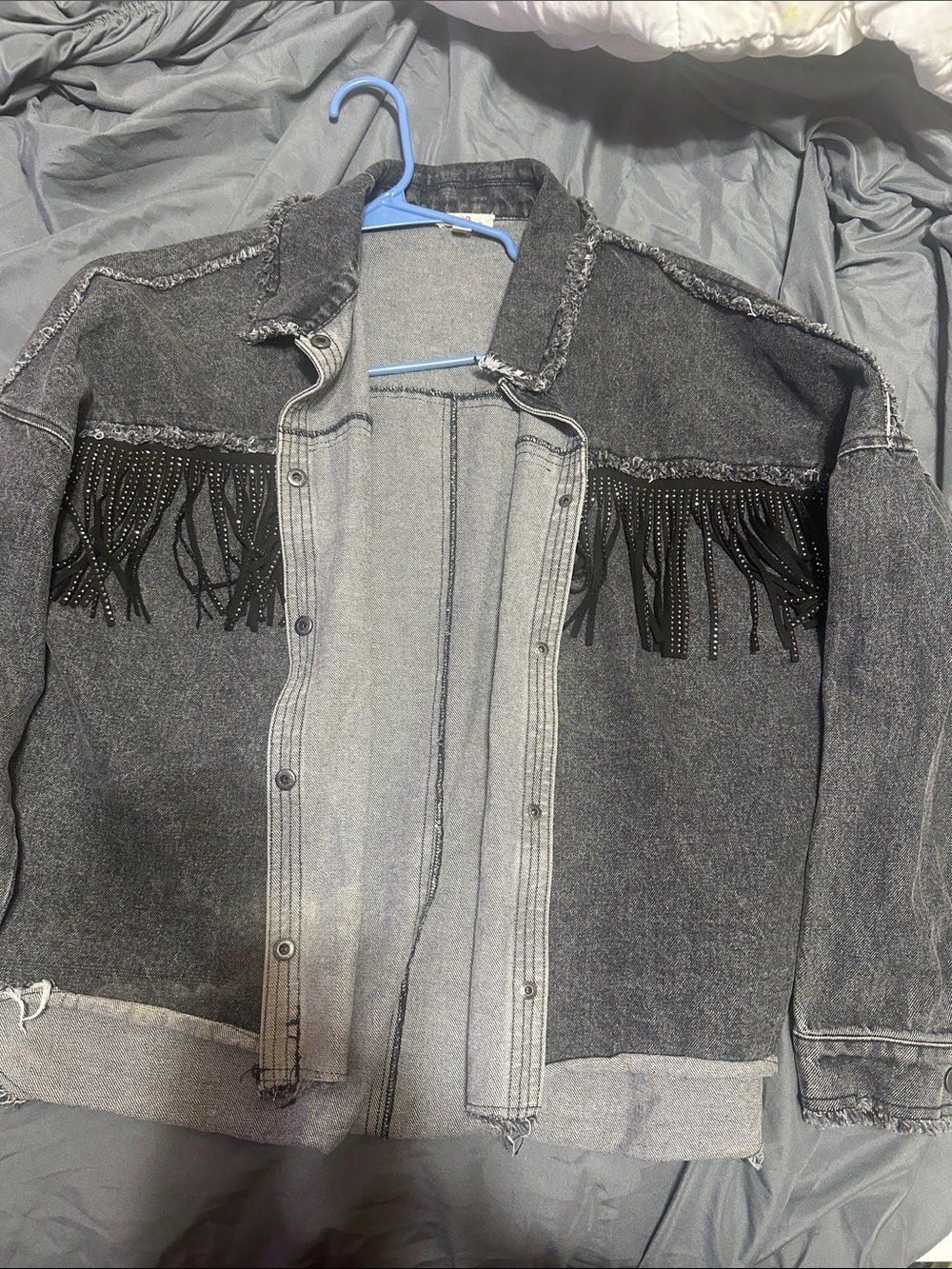 Women's Black Distressed Denim Jacket with Fringe Trim
